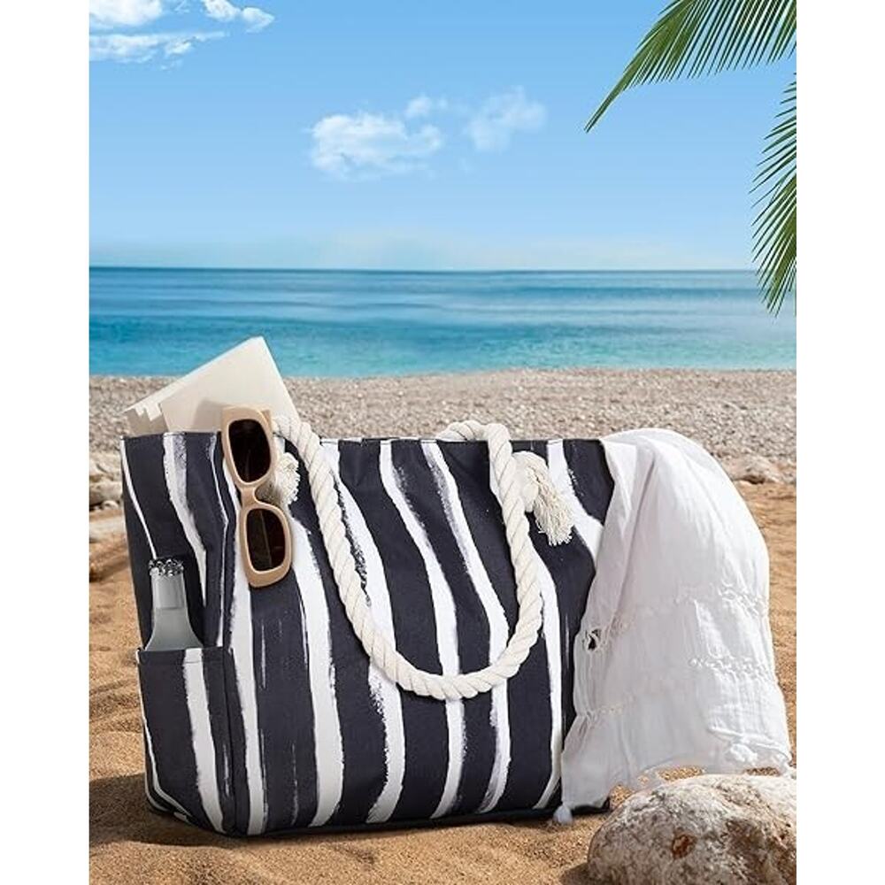 Large Canvas Beach Tote Bag with Zipper Women Swim, Travel, Shopping, Gym and Be